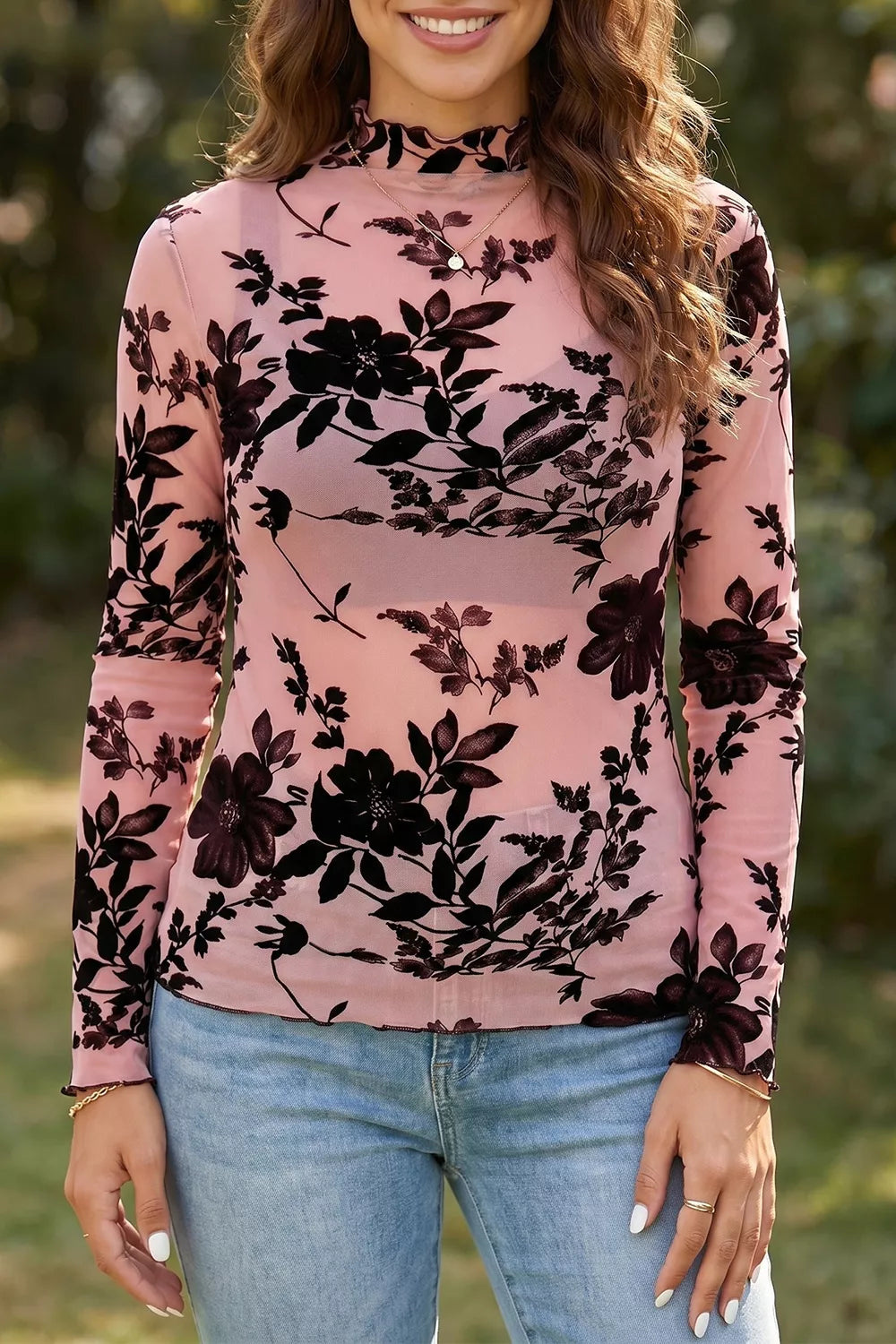 Floral Print Mesh Long Sleeve Blouse in Dusty Pink, front view