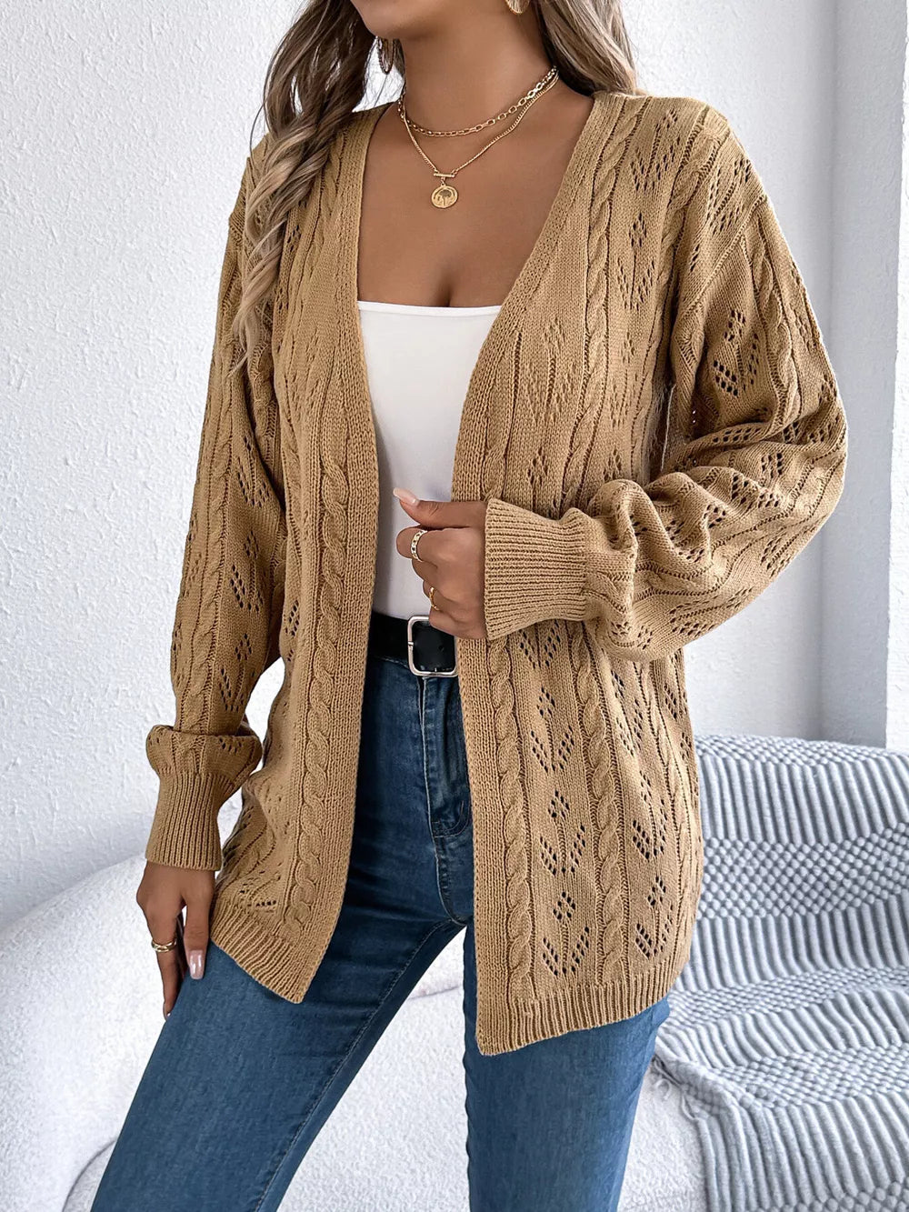 Khaki openwork cable knit long sleeve cardigan with V-neck.