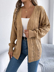 Khaki openwork cable knit long sleeve cardigan with V-neck.