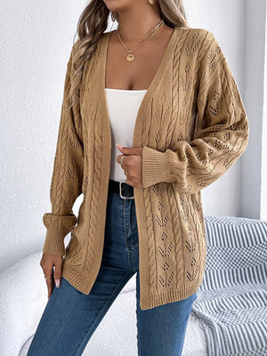 Khaki openwork cable knit long sleeve cardigan with V-neck.