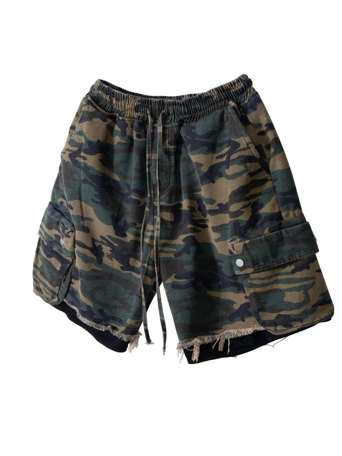Camo cargo shorts with raw hem and drawstring waist.