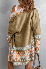 Brown knit cardigan with geometric trim on neckline, cuffs, and hem.