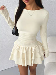 Ruched Long Sleeve Layered Ruffle Mini Dress in Red, close-up detail