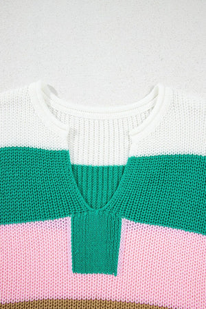 Colorblock knit V-neck tee in multicolor with white, green, and pink stripes.