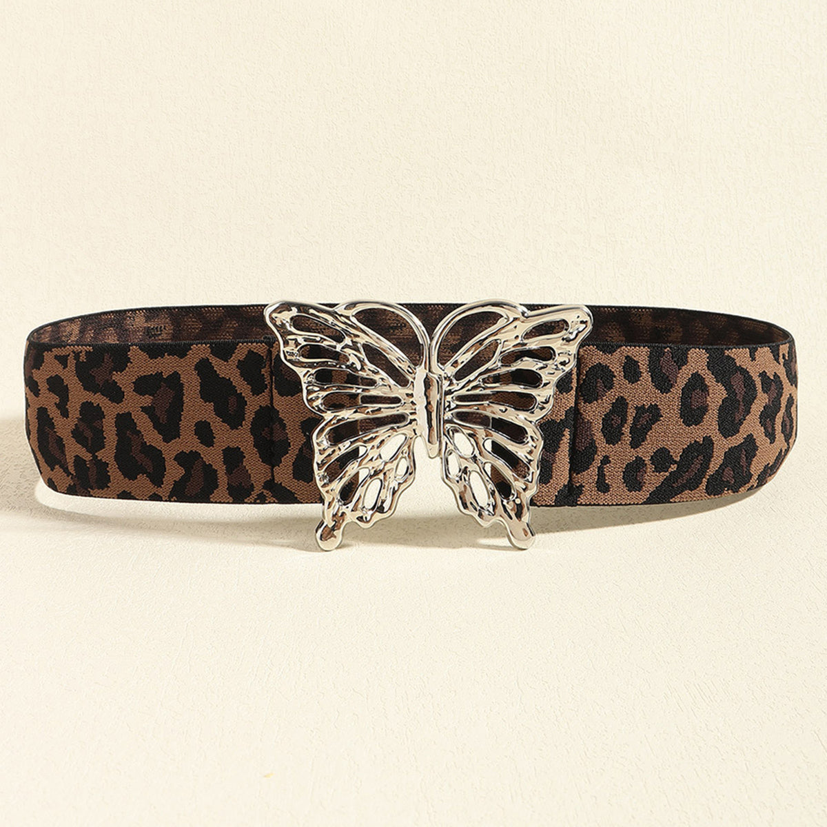 Leopard print elastic belt with silver butterfly buckle