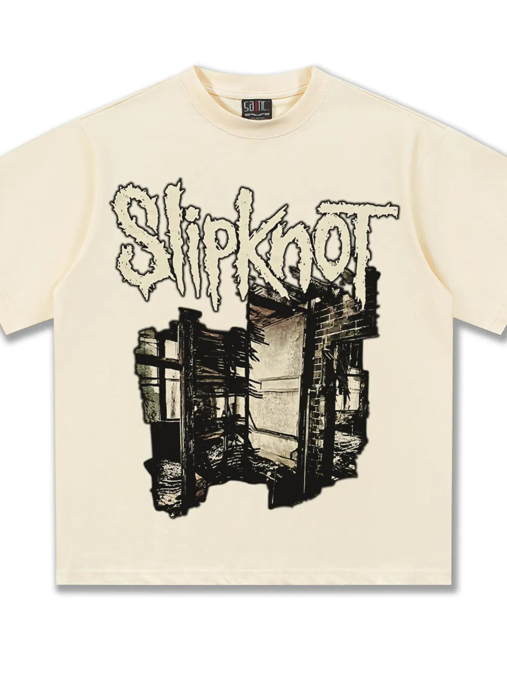 Men's cream cotton crew neck t-shirt with distressed Slipknot graphic.