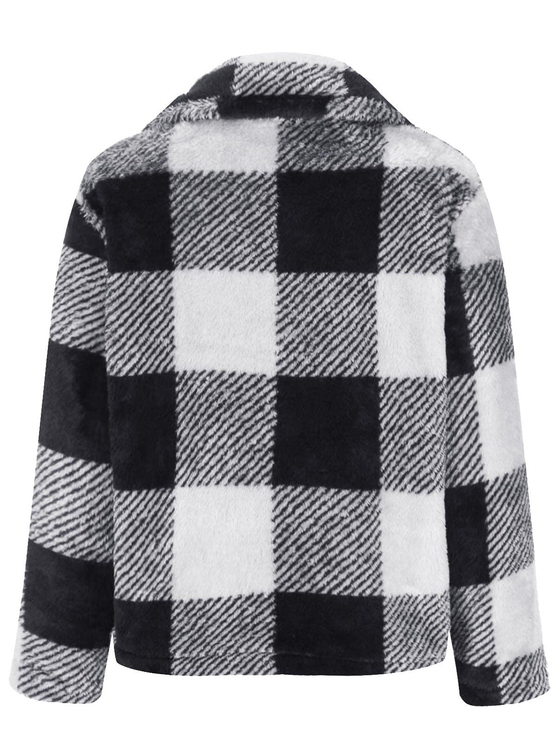 Fluffy black and white plaid zip-up shacket with collar.