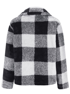 Fluffy black and white plaid zip-up shacket with collar.