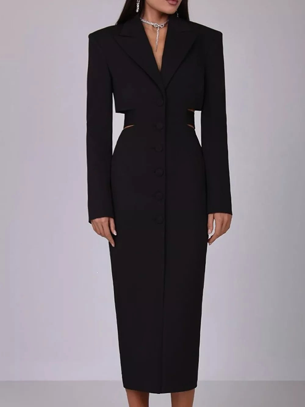 Button-down Blazer Dress With Cut-out Waist in White, model styling view