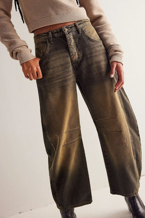Barrel leg jeans in olive brown denim with a faded wash and knee panel detail.