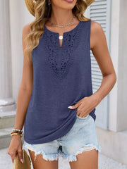 Navy sleeveless tank top with intricate lace neckline detail