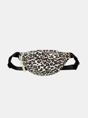 Pleated leopard print sling bag with rope detail and adjustable strap
