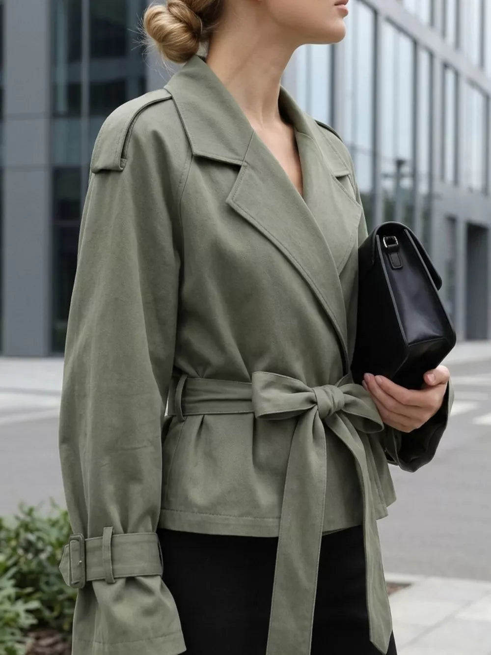 Lapel Collar Belted Cropped Trench in Moss, model styling view