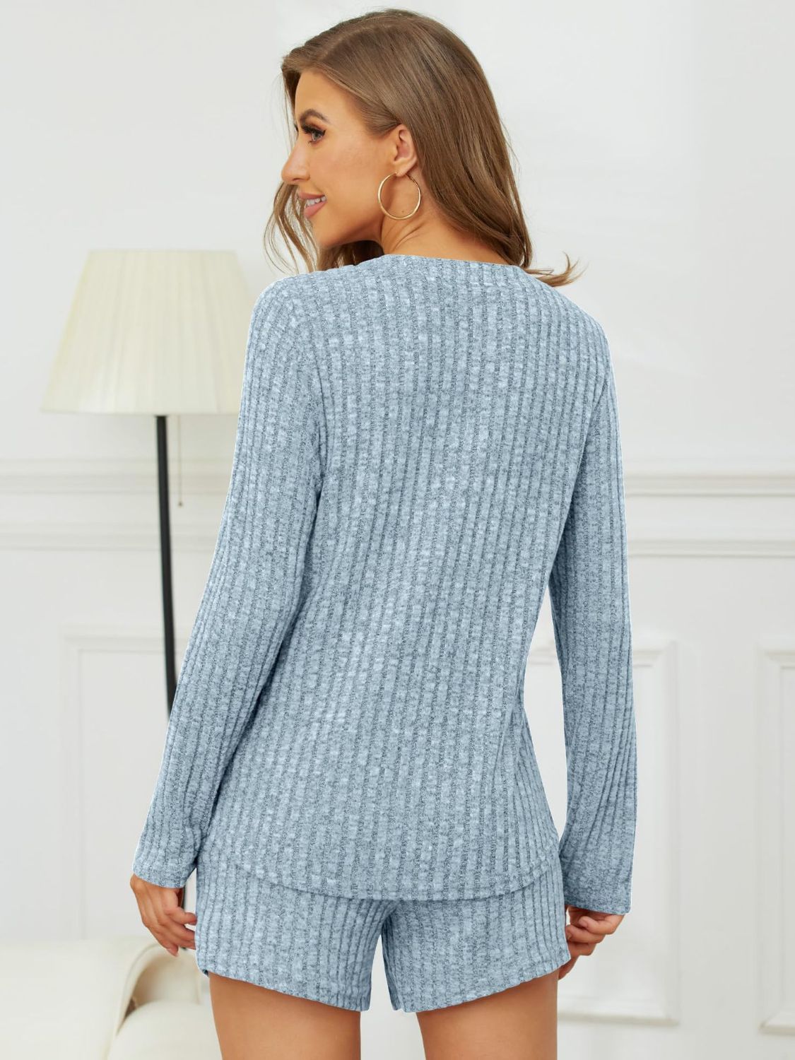 Light blue ribbed henley lounge set with long sleeves and shorts.