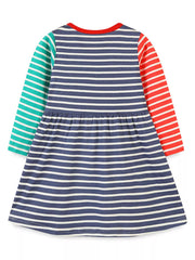 Baby girls' striped cotton dress with applique design, multicolor sleeves, and red neckline.