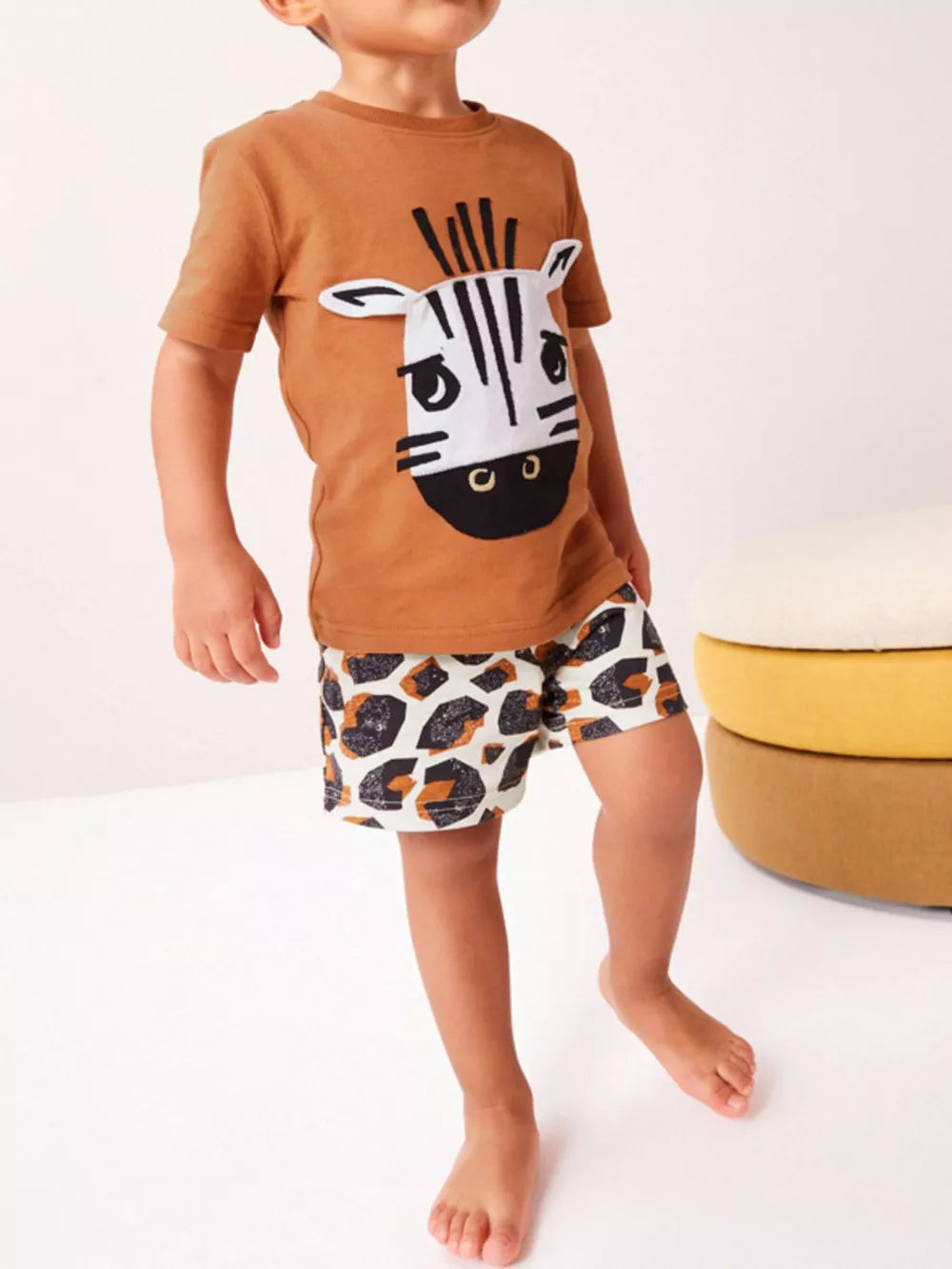 Brown zebra face graphic tee and leopard print shorts baby sleepwear set