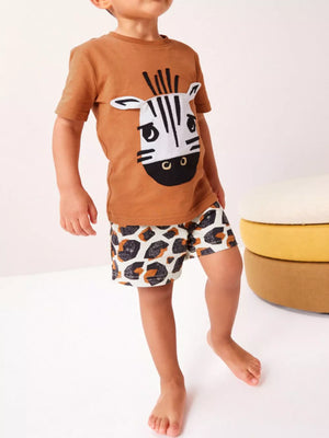 Brown zebra face graphic tee and leopard print shorts baby sleepwear set
