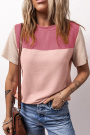 Panelled ribbed tee in blush pink and beige with textured sleeves and crew neck.
