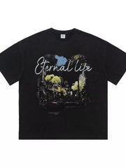 Black cotton graphic tee with "Eternal Life" text and vintage street scene graphic.