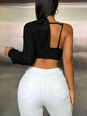 Black denim asymmetric crop jacket with cutout back detail