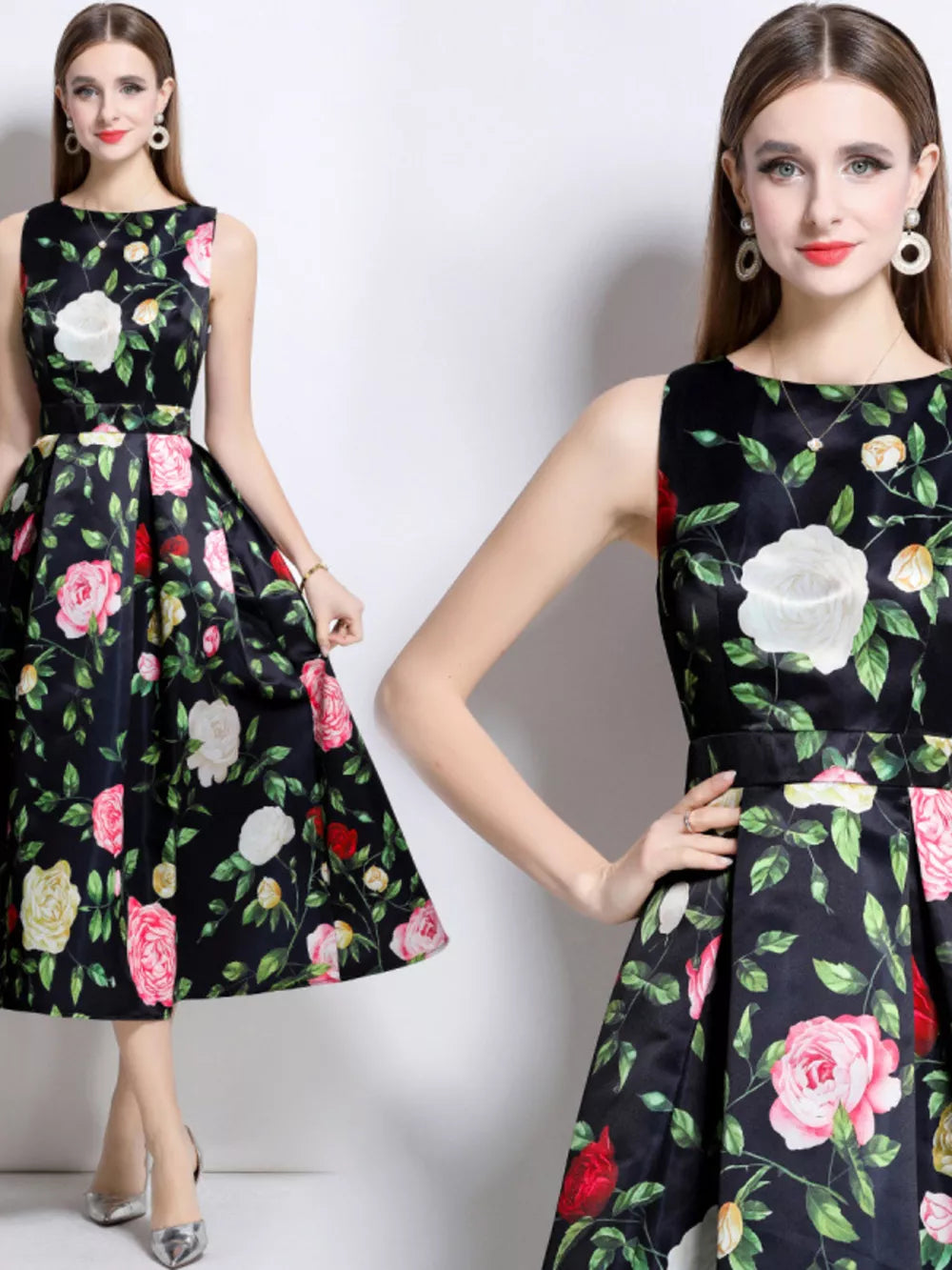 Black floral midi dress with a-line cut and sleeveless design.