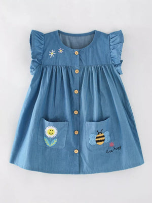 Blue denim dress with flutter sleeves, button front, and embroidered flower and bee details.