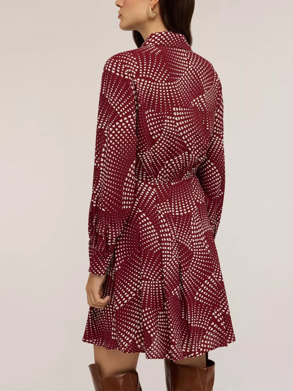 Red mini shirt dress with heart dot print, button front, and A-line skirt.