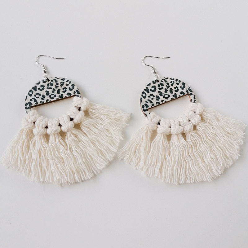 Leopard print half-moon earrings with ivory macrame fringe tassels