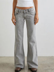 Light gray low rise flare leg jeans with pockets and button fly