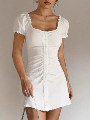 Ruched Button-front Puff Sleeve Mini Dress in White, close-up detail