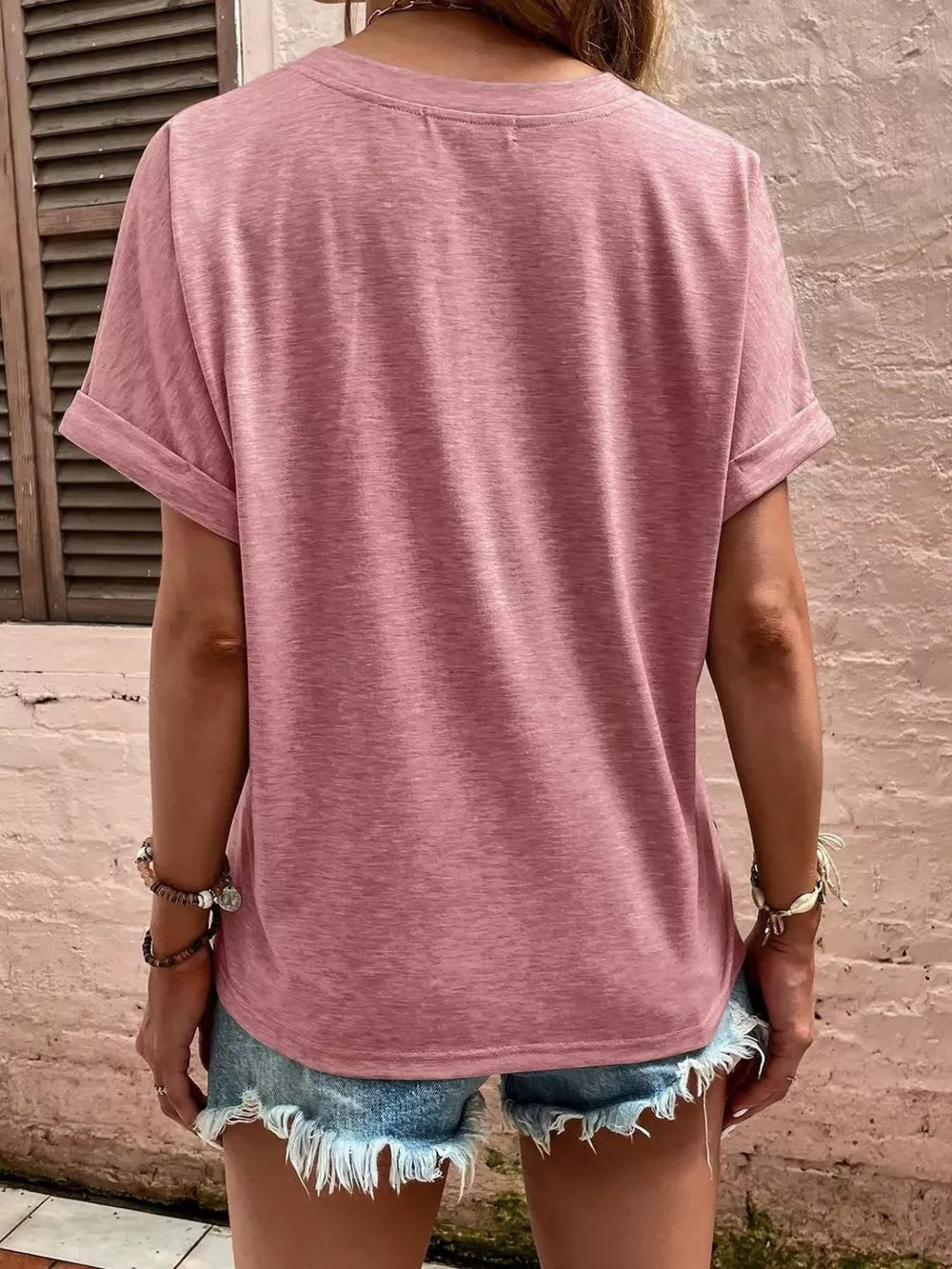 Full Size Notched T-shirt With Rolled Sleeves in Pink, fabric detail