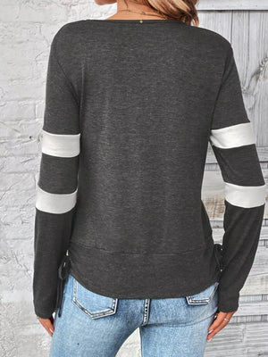 Dark gray long sleeve maternity tee with white stripes on sleeves and side ties