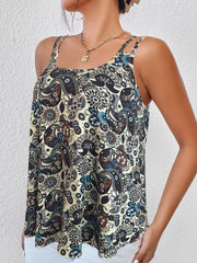 Relaxed tank top with intricate paisley print in black, brown, and blue. Features double straps.