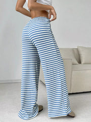 Light Blue striped ribbed wide-leg pants with drawstring waist and elastic waistband.