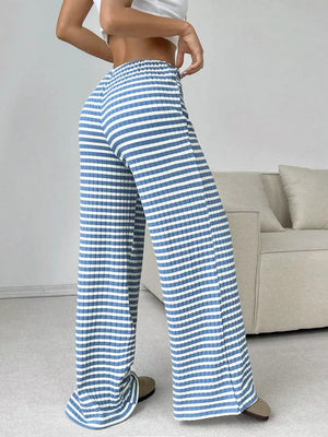 Light Blue striped ribbed wide-leg pants with drawstring waist and elastic waistband.