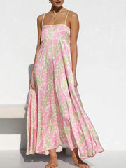 Artistic Spaghetti Strap Maxi Dress in Floral pink and green pattern with square neckline and tiered hem.
