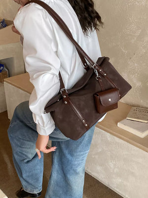 Leather Shoulder Bag With Detachable Pouch in Brown, back view