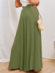 Textured olive brown palazzo trousers with a drawstring waist and wide leg.