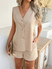Tan linen vest with side slits and button front, paired with matching shorts.