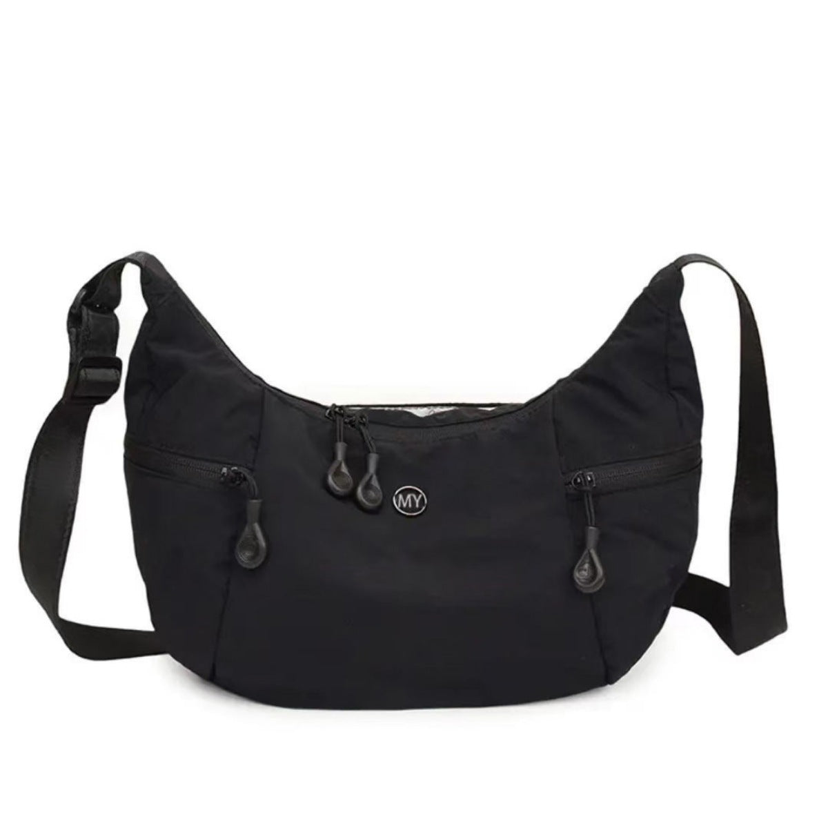 Black nylon crossbody bag with adjustable strap and multiple zippered pockets.