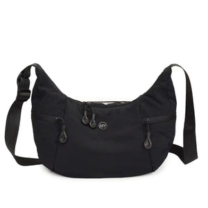 Black nylon crossbody bag with adjustable strap and multiple zippered pockets.