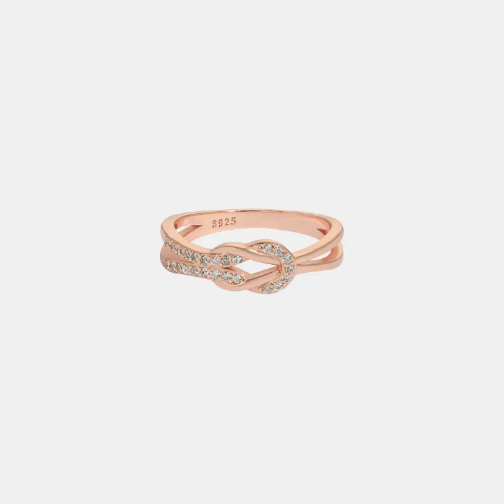 Rose gold knot ring with pave zirconia detail, 925 sterling silver band