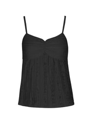 Black cami top with sweetheart neckline, ruched bust, and textured lace trim.