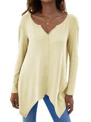 Light yellow ribbed knit tunic with v-neck and asymmetric hem
