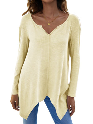 Light yellow ribbed knit tunic with v-neck and asymmetric hem