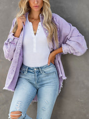 Lavender frayed denim overshirt jacket with button front and distressed details.