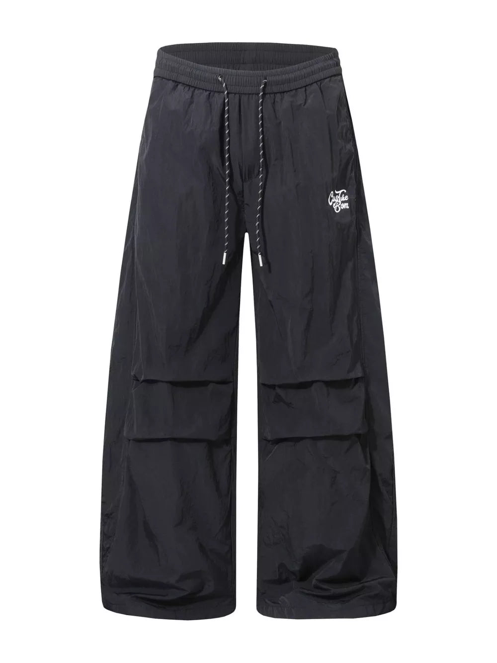 Black wide-leg cargo pants with drawstring waist and large side pockets.