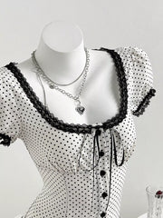 Polka Dot Lace Trim Puff Sleeve Top, side view