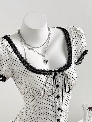 Polka Dot Lace Trim Puff Sleeve Top, side view