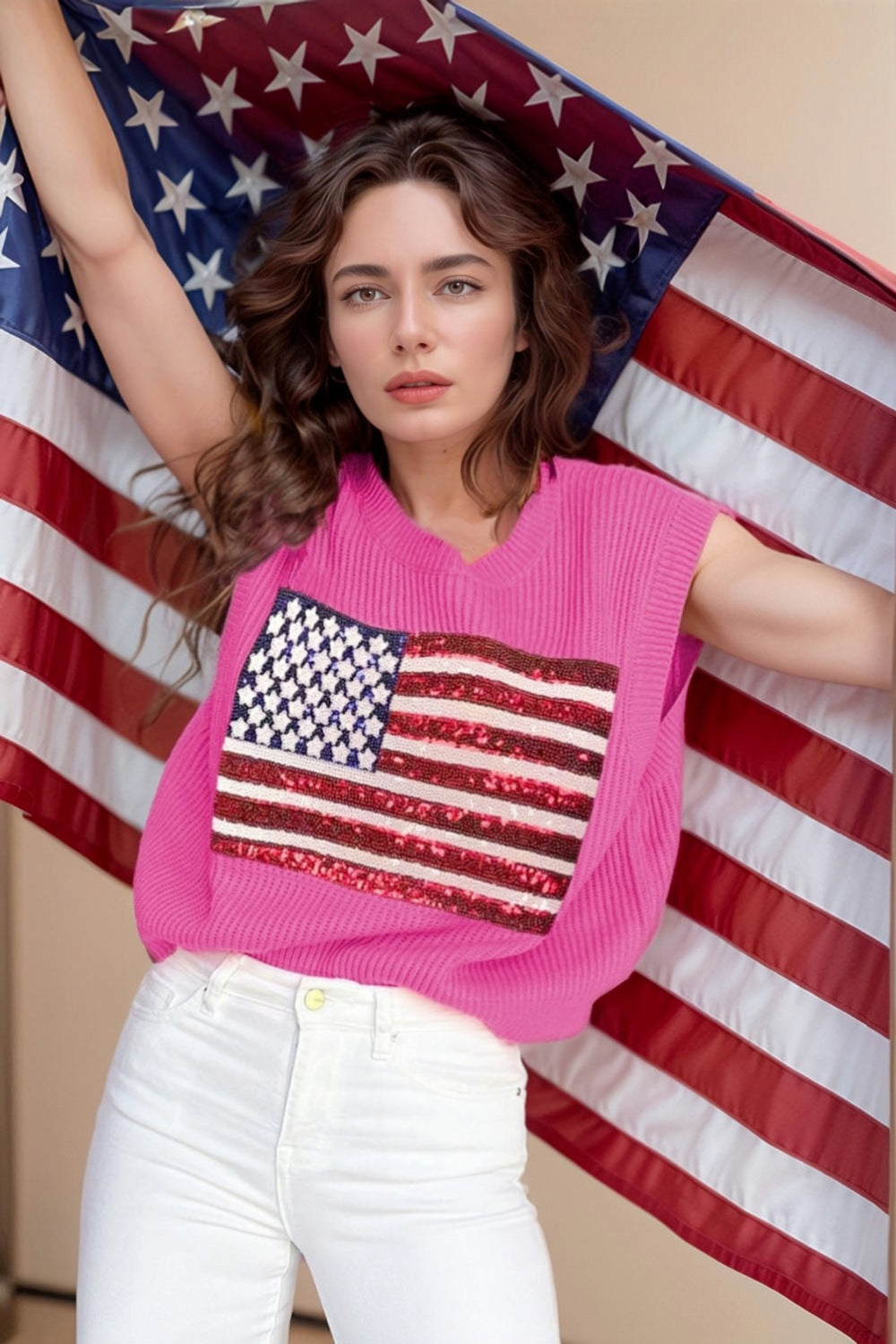Fuchsia pink sequin American flag knit tank top with V-neck and sleeveless design.